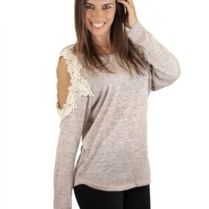 ENTRO Cold Shoulder Sweater Beige Lace Detail Long Sleeves Women’s Size Large